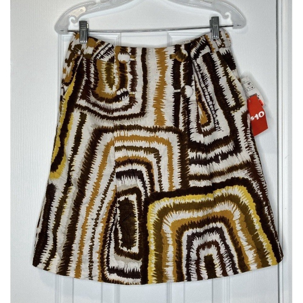 H&M Women's Mini Skirt Abstract Print White Brown Yellow‎ 8 New